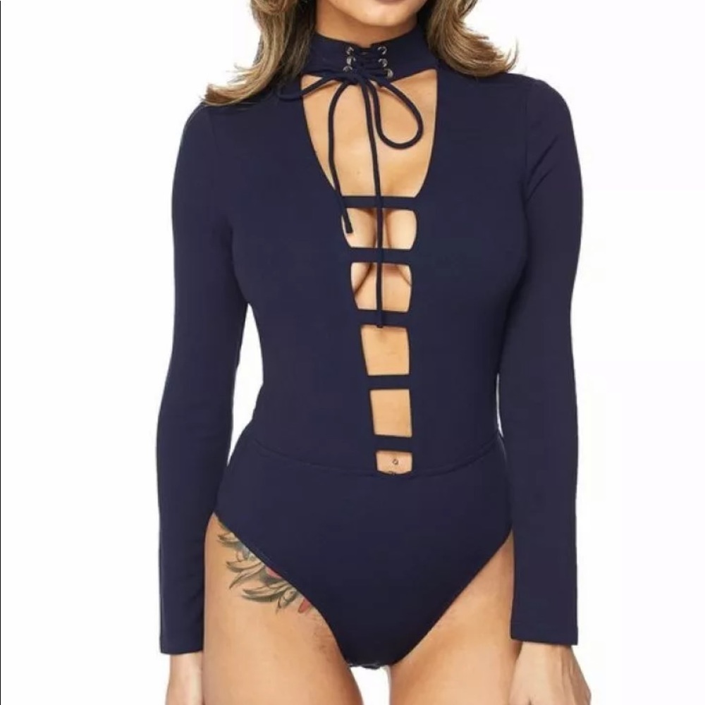 Banjul Tie Front Choker Neck Cage Front Bodysuit